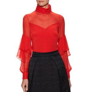 $450 Sz 4 Prabal Gurung Red Silk Ruffle High Nect Long Sleeve Blouse
